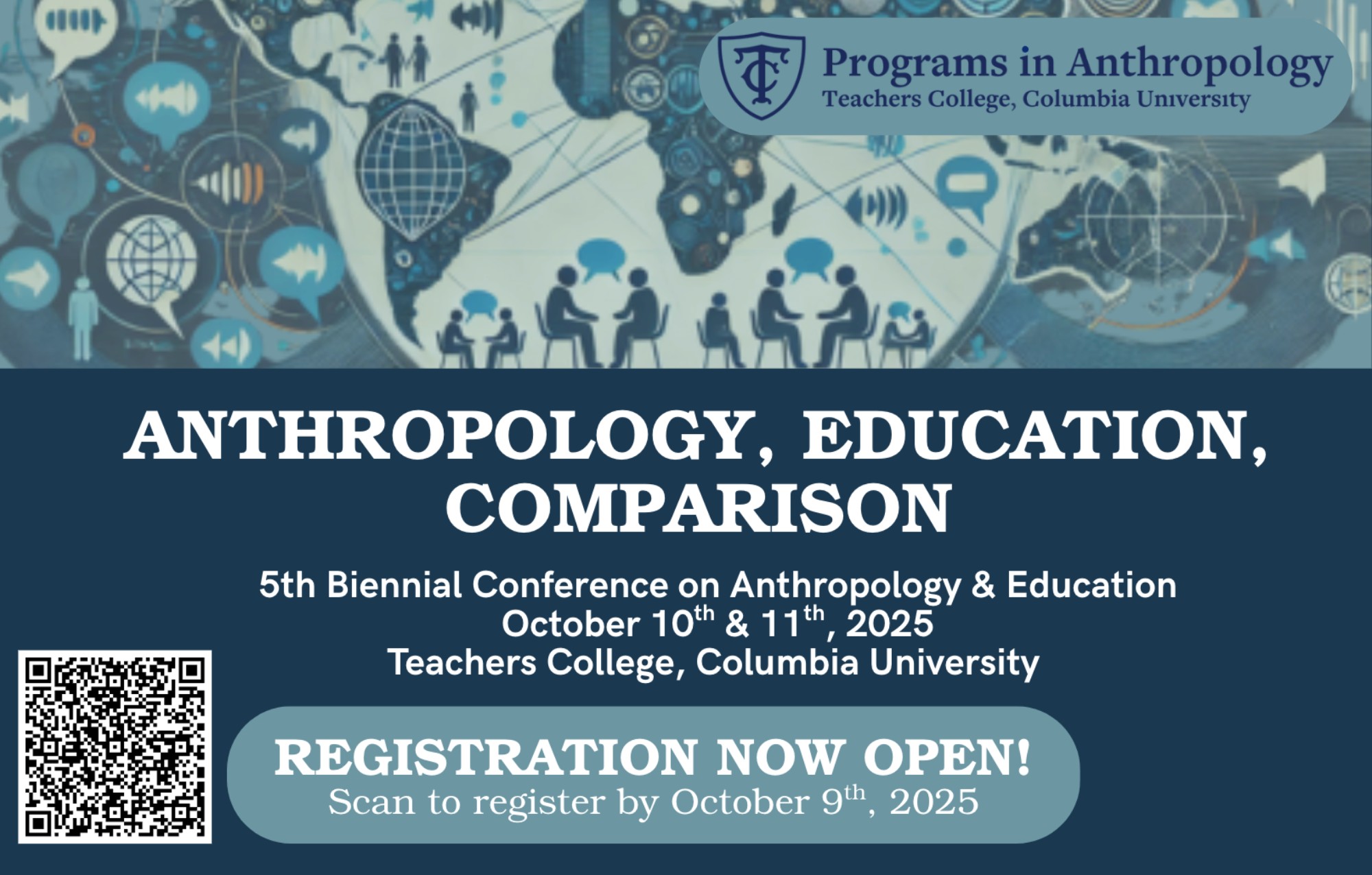 Title and dates for Anthropology & Education conference with QR code to register